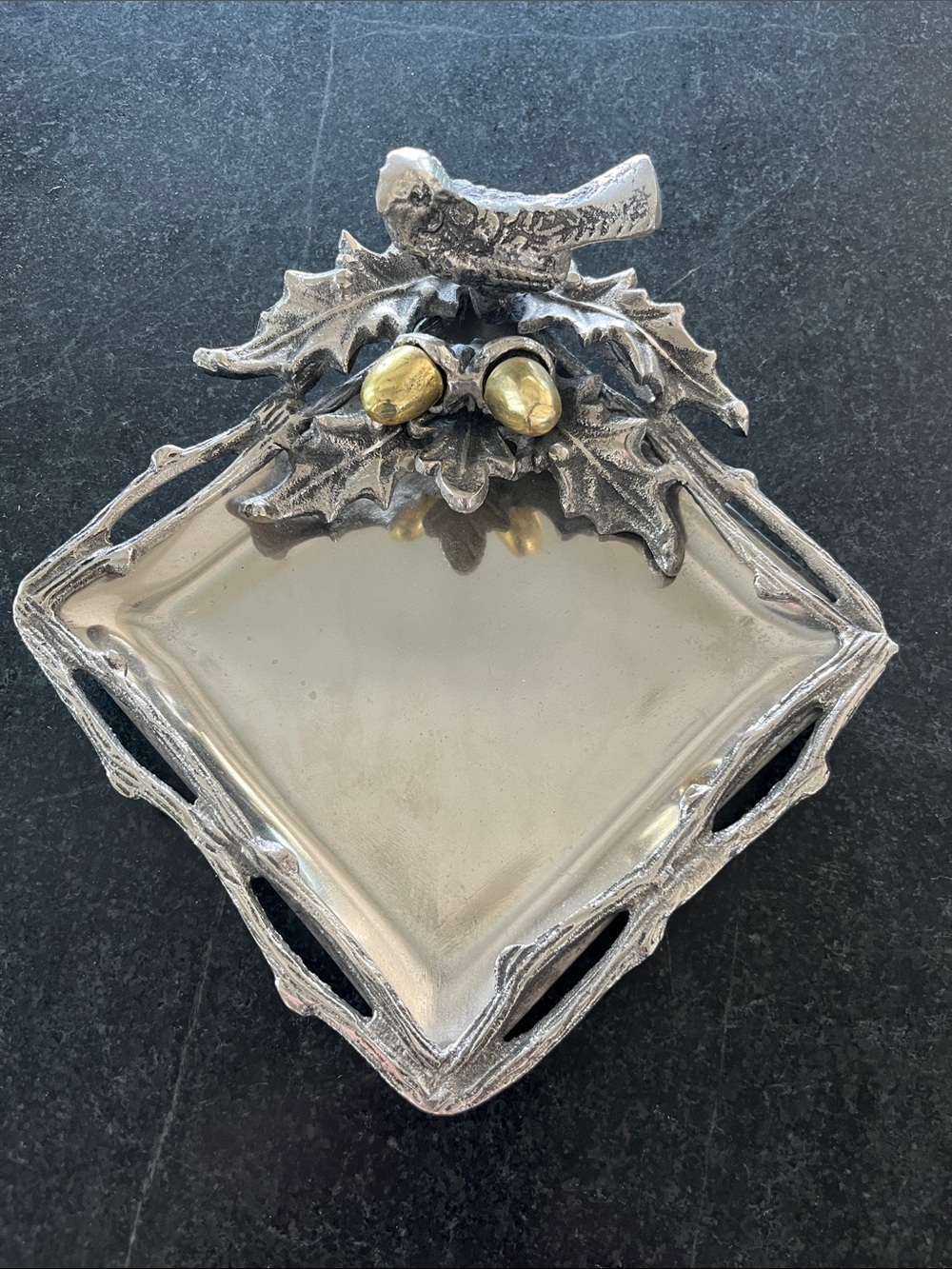 At Home Jorge Perez Bird Oak Leaves Decorative Trinket Dish Tray Silver Gold